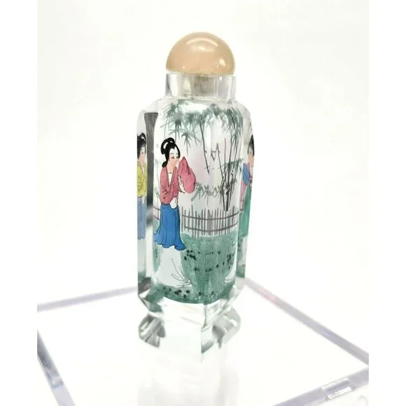 Snuff Bottle Hand-Painted Chinese Square Glass Round Lid Vintage Women je143